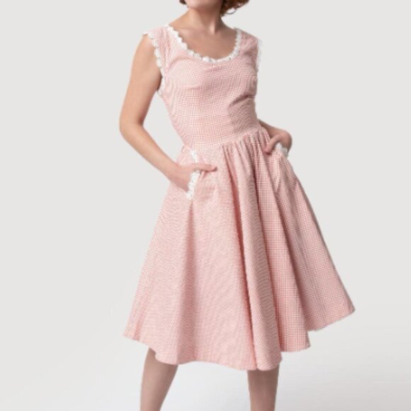 Unique Vintage Barbie swing dress red white gingham print pockets button strap S - Picture 1 of 5